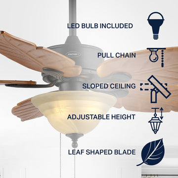 Poinciana 52" Coastal Bohemian Iron/Wood Palm Leaf LED Ceiling Fan with Pull Chain - JONATHAN Y